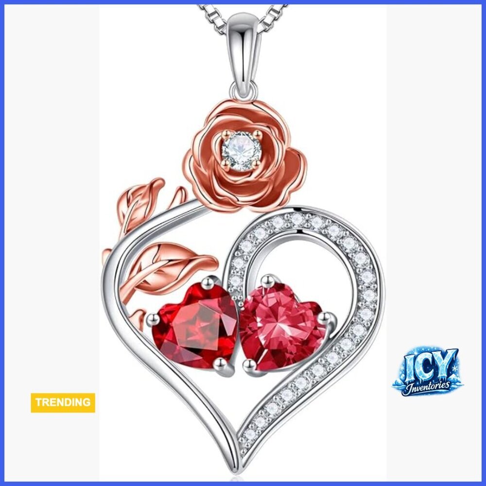 925 Sterling Silver Double Heart Birthstone Necklace for Women
